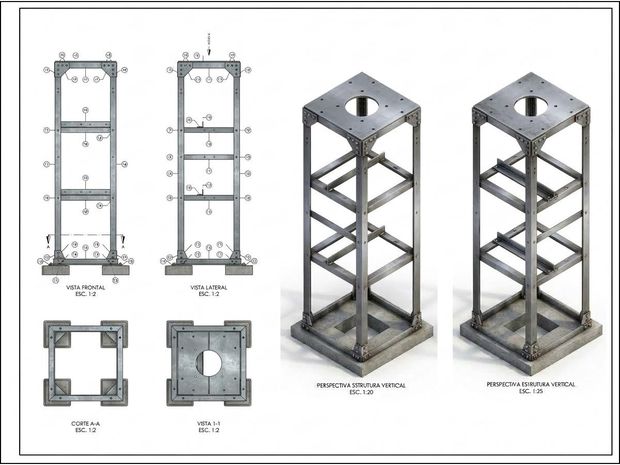 Estrutura vertical metálica em vista frontal, vista lateral, corte e perspectiva, com cada peça numerada como num modelo parametrizado