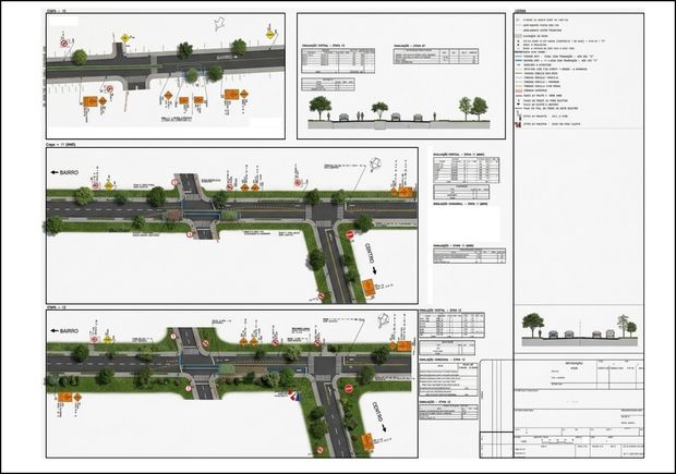 Projeto de sinalização de obra em três etapas, com placas de advertência, canalização da via e desvio de tráfego entre bairro e centro, e as seções transversais da via
