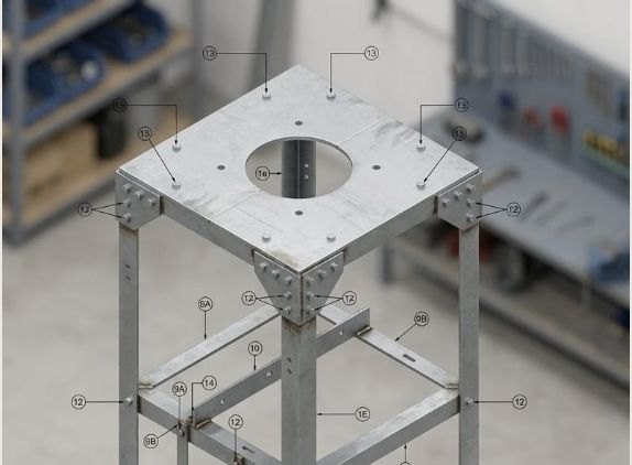 Conjunto metálico montado sobre a bancada, com cada peça e cada fixação marcadas por balão numerado, como na lista de componentes de um modelo parametrizado