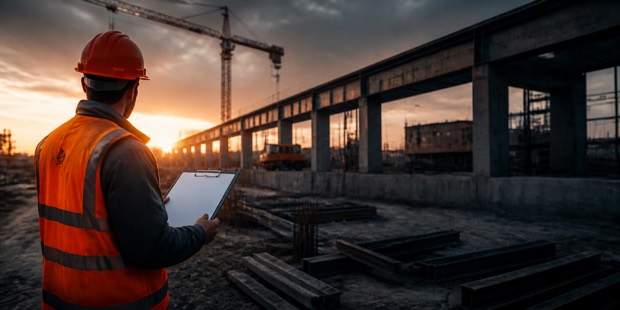 Profissional de capacete e colete refletivo acompanha um canteiro de obras ao entardecer, com prancheta na mão, guindaste e estrutura de concreto ao fundo